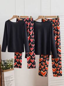 Heart Pattern Contrast Color Girls Sleepwear Set