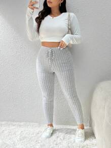 SHEIN Frenchy Pantalón ajustado de talla grande, leggings de punto acanalado de unicolor