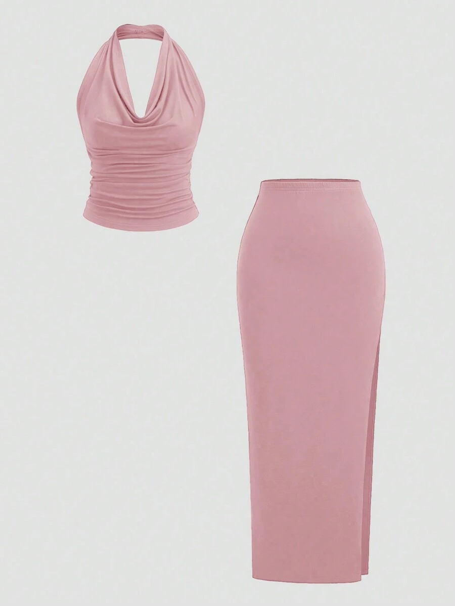 Sweetra Scooped Neck Backless Halter Top & Side Slit Skirt Set - Pink - View 1