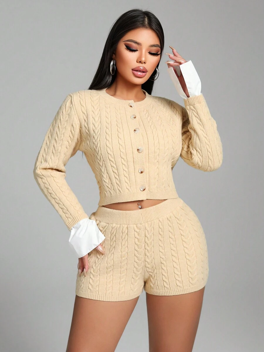 Zolique Lässig Zopfstrick Strickjacke und Shorts 2-teiliges Set - Aprikosenfarben - Übersicht 1