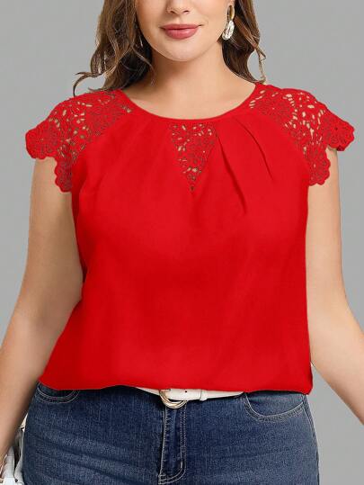 Chikora Blusa holgada de talla grande de unicolor simple con aplicación de encaje, top rojo para el verano