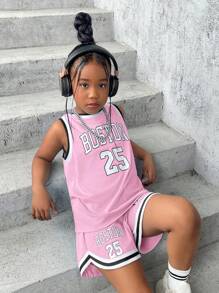 SHEIN Tween 女童运动街头服饰字母印花针织无袖短裤 2 件套 - 西瓜粉 - 查看 1