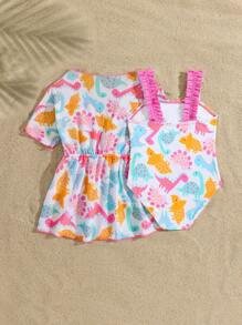 女婴卡通恐龙无袖连体泳衣带和服罩衫，海滩度假套装 - 彩色 - 查看 2