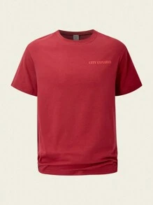 SHEIN Explorewe 1pc Teen Boys Cotton T-Shirt, Simple Casual Sports Fashion Print Knitted Crew Neck Short Sleeve - Red - View 4