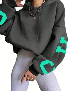 INAWLY Áo nỉ trùm đầu in chữ thả vai cho nữ, Thu/Đông - Màu xám đen - Xem 2