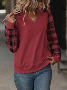 EMERY ROSE Women Casual Plaid Patchwork Raglan Sleeve Crew Neck Sweatshirt