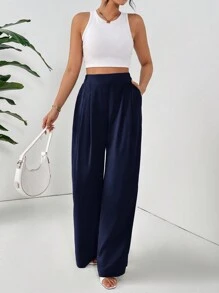 SHEIN Essnce Women's Casual Versatile Solid Color Wide Leg Pants - Navy Blue - View 1