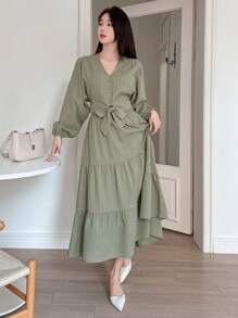 DAZY 两件套V领纯色泡泡袖系带上衣和半裙，春季、返校季、秋季女装、复活节 - 綠色 - 查看 3