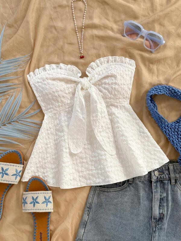 Soleia Top de tirantes con volantes, estampado floral en contraste y textura, adecuado para citas, San Valentín, tardes de té, vacaciones, festivales de música, estilo bohemio