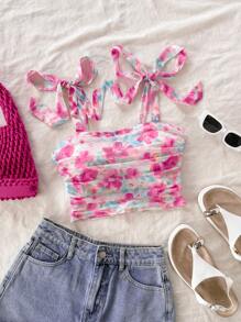 Soleia 女士浪漫花卉印花露背交叉带褶皱吊带背心，适合派对、情人节 - 彩色 - 查看 1