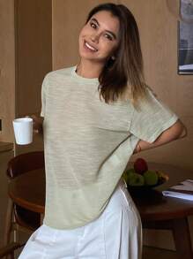DAZY Femmes Top d'été décontracté à manches courtes, col rond, texturé, ample, couleur unie, mince, style preppy