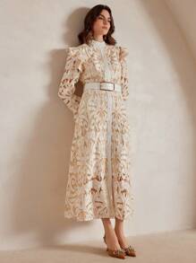 Anewsta Đầm Maxi Ren Cổ Chữ V Tay Dài Thanh Lịch Cổ Điển Sang Trọng Cho Nữ (Họa Tiết Hoa Ngẫu Nhiên) - trắng - Xem 5