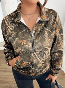 Calvaya Plus Size Women Vintage Leaf Print Half-Zip Drop Shoulder Street Style Plus Size Sweatshirt Pullover Fall Sweatshirt