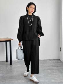 FRIFUL Women Solid Color Stand Collar Puff Sleeve Pleated Shirt & Pants 2Pcs Set Lounge Sets For Women - Black - View 4