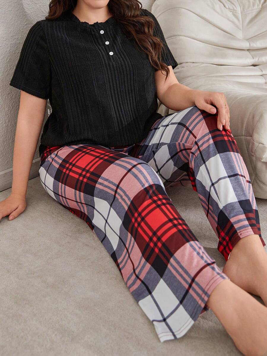 Texture Velvet Rib Textured Solid Snap Button Top Paired With Plaid Print Pants Pajama Set - Black - View 1