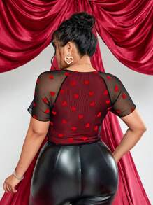 SHEIN ICON Plus Size Valentine's Day Heart Mesh Asymmetrical Hem T-Shirt - Multicolor - View 7