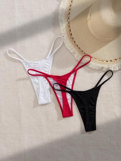 Swim Vcay Spring Break Summer Vacation Solid Color Sexy Thong Bikini Swimwear, Boho Festival