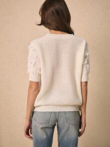 Poéselle White Short-Sleeved Sweater, Three-Dimensional Flower Sweater, Spring And Summer Sweater,Valentine's Day Sweater,Cute Tops,Women Embellished Round Neck Short Sleeve Sweater, Suitable For Everyday, Street, Date And Other Occasions To Wear