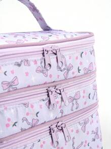 Jun Shu Artist Bow Pattern Fashionable Cute 3 Layers Cosmetic Bag For Storage, Square-Shaped Makeup Bag - Mauve Purple - View 5