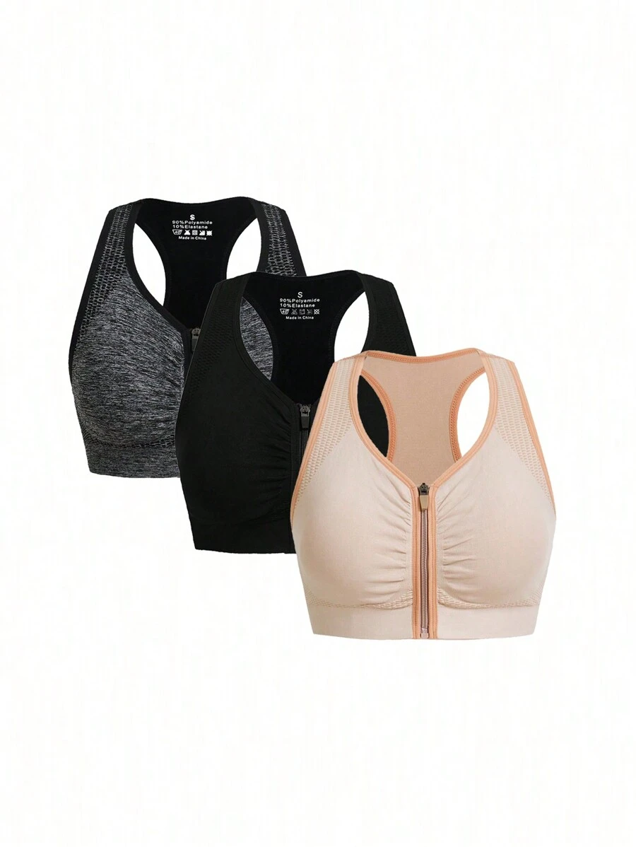 Contrast Trim Zipper V-Neck Sleeveless Sports Bra - Multicolor - View 1