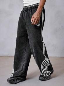 ROMWE MEN Street Life Men's Distressed Waistband Wash Vintage College Jogger Sweatpants - Black - View 1