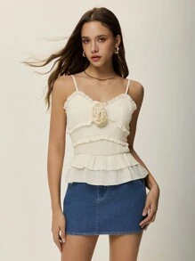 Poéselle Top decorativo tipo camiseta de verano con estampado floral y diseño de capas, estilo francés, nueva colección de primavera y verano, top elegante para mujer - Blanco - Ver 1