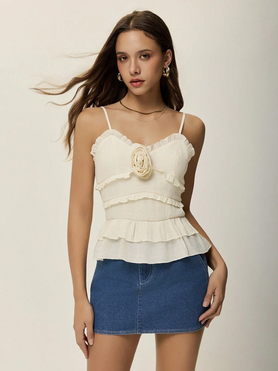 Poéselle Top decorativo tipo camiseta de verano con estampado floral y diseño de capas, estilo francés, nueva colección de primavera y verano, top elegante para mujer - Blanco - Ver 1