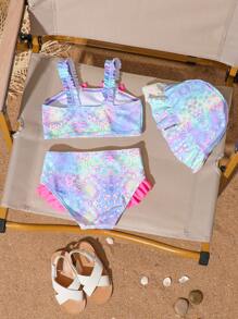 3pcs/Set Baby Girl Bowknot Plaid Splice Beach Outfit With Cute Checked Hat - Multicolor - View 2