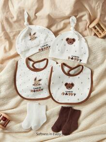 Cozy Pixies 6pcs Baby Soft Comfortable Embroidered "Love Dad, Love Mom" Bib Set (2pcs Bibs, 2pcs Socks, 2pcs Hats), Ideal Gift - Multicolor - View 4