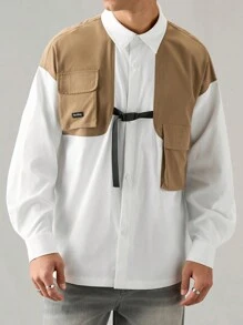 Mainfolk Camisa Social Masculina de Manga Longa Suelta e Casual com Apliques para Uso Diário - Multicolorido - Visão 2