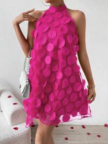 Chiquease 女士立体花朵吊带粉色连衣裙，适合新年、毕业典礼 - 玫紅色 - 查看 3