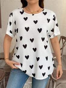 SHEIN LUNE 大码情人节休闲心形印花短袖 T 恤节日夏季波西米亚风复古风女士夏季服装春假狂欢服装节日春假服装