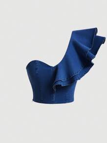 SHEIN MOD Women's Casual Denim Blouse, Simple & Fashionable For Everyday Wear - Medium Wash - View 1