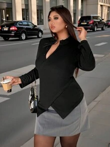 Calvaya 春季大码交叉前开半扣修身长袖T恤，黑色 - 黑色 - 查看 3