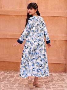 Tween Girls Floral Print Contrast Lace Long Sleeve Dress - Blue - View 2