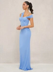 Lumalex 春季情人节甜美美丽情人节装圣瓦伦丁情人节复活节婚礼订婚成人礼女士网眼单肩喇叭形美人鱼下摆紧身连衣裙 - 淺藍色 - 查看 5