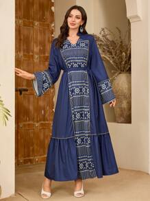 Al Najma 女士 V 领图案拼接保守优雅土耳其和阿拉伯传统宽松长裙 - 藍色 - 查看 1