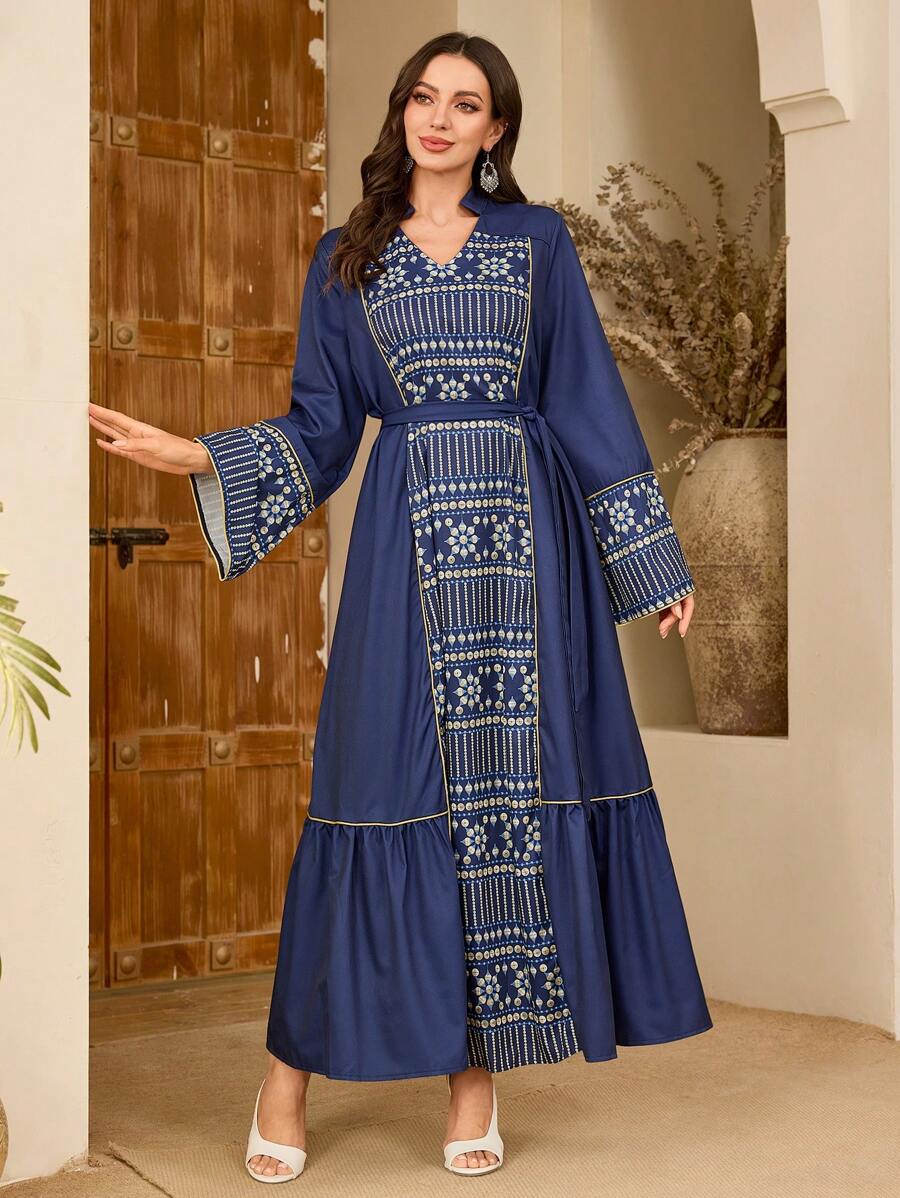 Al Najma 女士 V 领图案拼接保守优雅土耳其和阿拉伯传统宽松长裙 - 藍色 - 查看 1