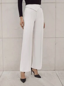 EURMUSE 女士商务直筒裤，配有金属扣装饰和侧拉链，优雅 - 白色 - 查看 6