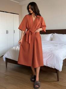 DAZY Minimalist Half Sleeve Wrap Robe, Casual And Fashionable For Everyday Wear Pajama - Rust Brown - View 5