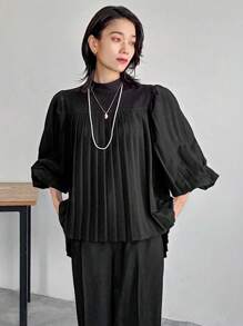 FRIFUL Women Solid Color Stand Collar Puff Sleeve Pleated Shirt & Pants 2Pcs Set Lounge Sets For Women - Black - View 5