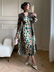 DAZY New Spring/Fall Elegant Women Long Dress For Outing Long Sleeve Dress Leopard Print - Green - View 3