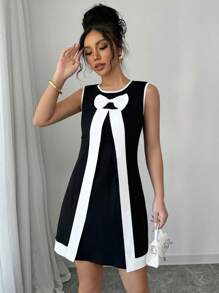 Elenzga 女士春夏针织弹力无袖圆领蝴蝶结 A 字短款休闲优雅黑白连衣裙 - 黑與白 - 查看 3