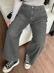 Dazy Plus Plus Size Loose Straight-Leg Long Design Rhinestone Denim Jeans, Suitable For All Seasons Sequin - Light Grey - View 1