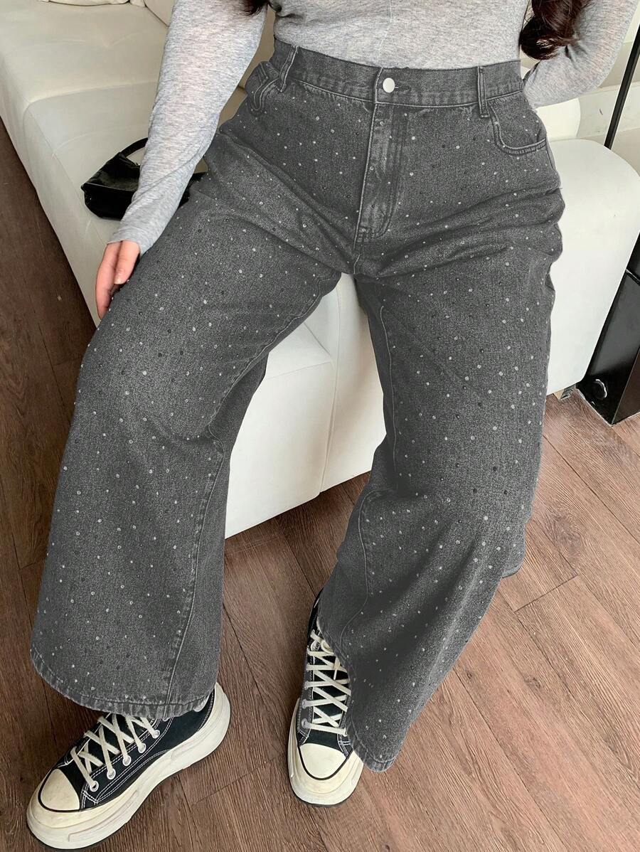 Dazy Plus Plus Size Loose Straight-Leg Long Design Rhinestone Denim Jeans, Suitable For All Seasons Sequin - Light Grey - View 1