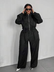 Maweii Set casual da 2 pezzi, composto da top con chiusura lampo e manica lunga di colore unito e pantaloni lunghi, per taglie comode
