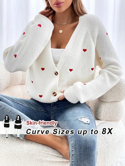 SHEIN CURVE+ 加大码/情人节/大码心形刺绣纽扣开衫，情人节穿搭，情人节，玫瑰，心形，波点，爱心，嘴唇，丘比特，3D立体花朵，秋冬款