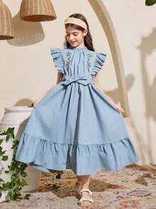 SHEIN Tween Girls' Holiday Casual Embroidered Cap Sleeve Waisted Dress - Blue - View 4