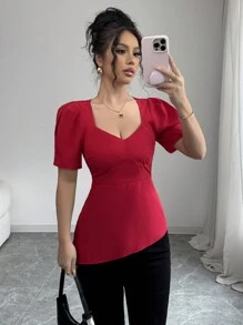 Elenzga 适合情人节的浪漫 V 领泡泡袖不对称下摆修身女式衬衫 - 紅色 - 查看 6