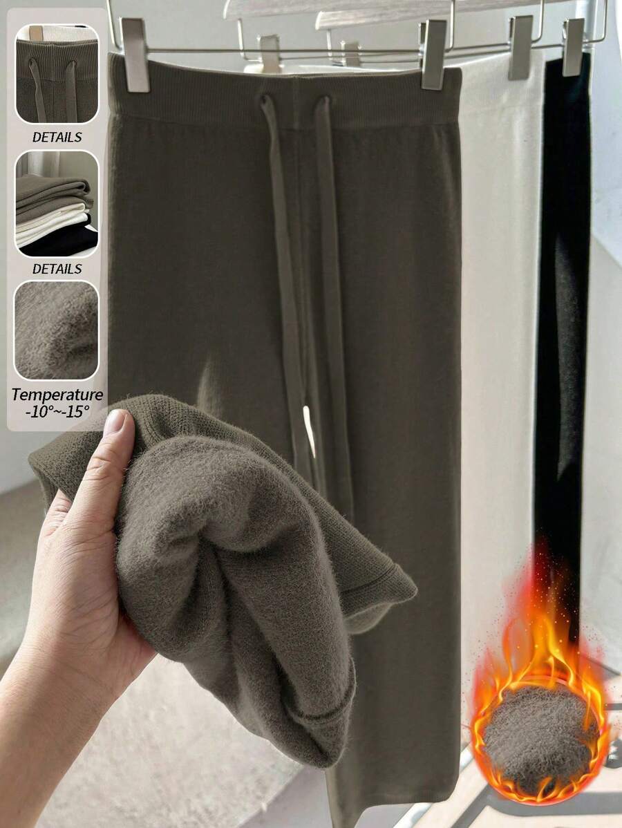 Franclia 新款女士高腰抽绳休闲直筒阔腿裤，保暖内衬厚针织针织长裤